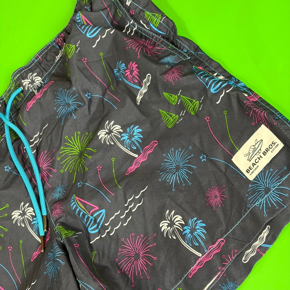 Beach Bros Swim Trunks Mens L Black Tropical Neon AOP Surf Board Shorts Vacation